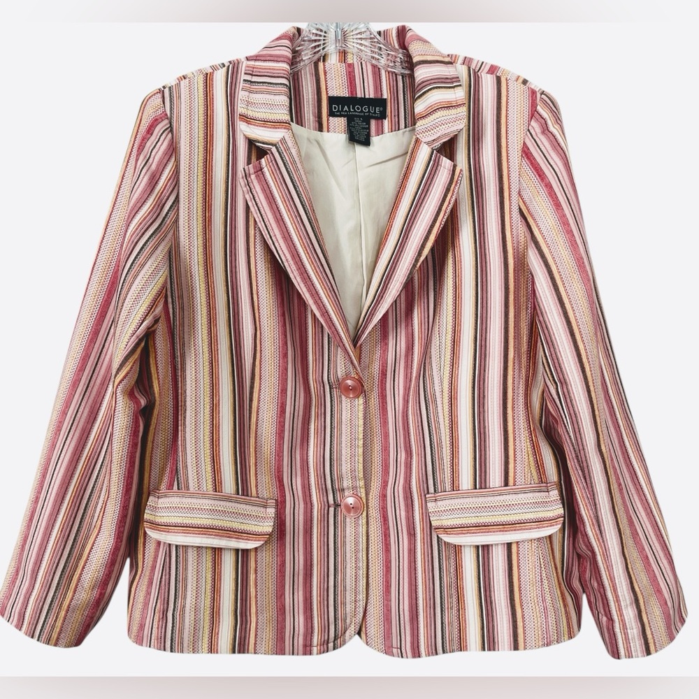 Dialogue | Pink striped Woven Textured 2-button Blazer with Notched Lapel | L